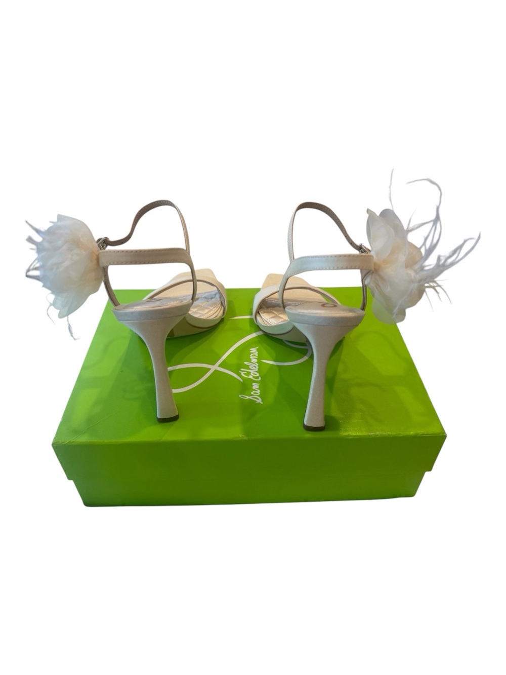 Sam Edelman Leana Pearl Ivory Silk Feather Flower Heeled Sandals Shoes Size 7 - Picture 3 of 8